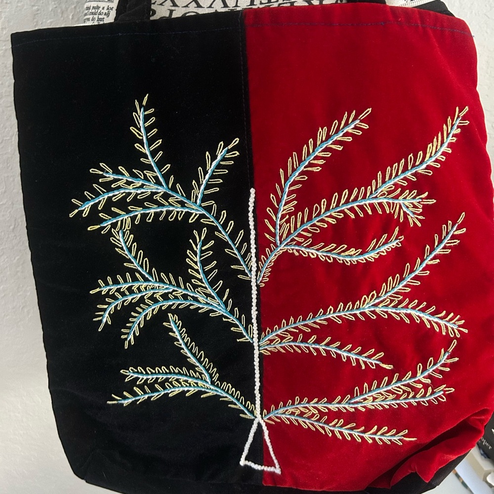 Embroidered Red and Black Velvet Tree Tote Bag